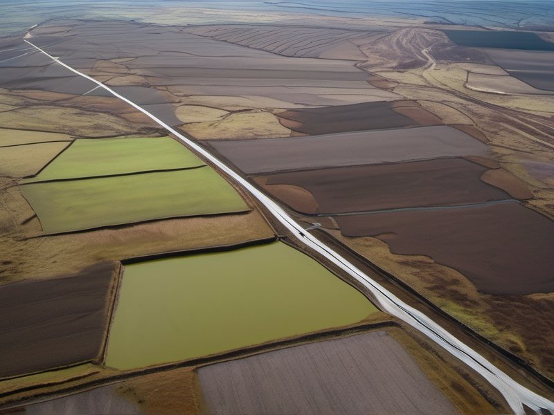 Aerial view of peat moorland crossed by a transmission line corridor